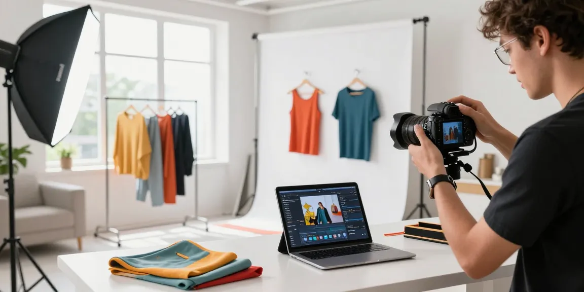 Fotografo ecommerce nel suo studio, che sistema prodotti per una sessione fotografica.