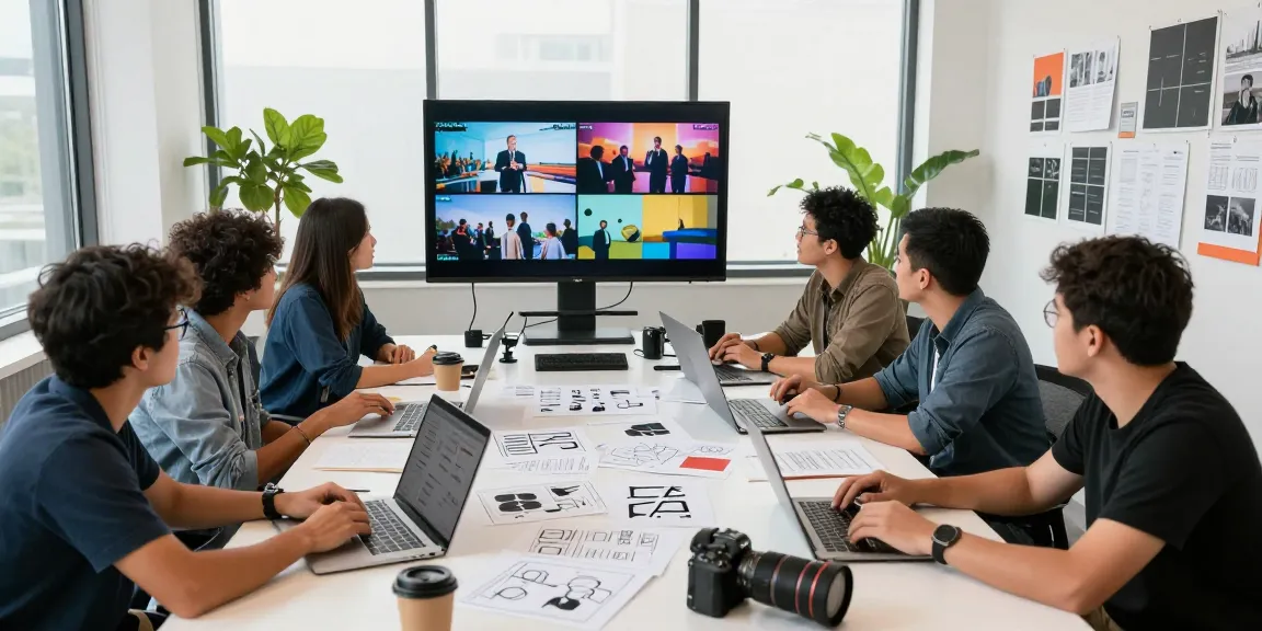 C&I Studios team collaborating on video projects in a creative studio environment filled with storyboards and technology.