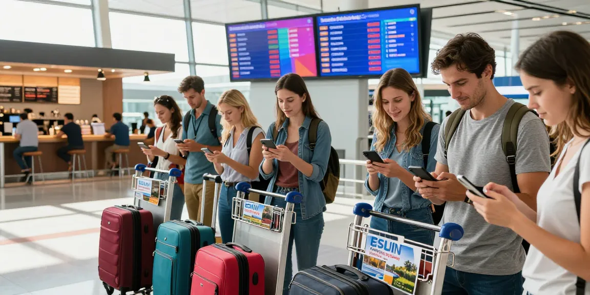 Travelers searching for esim discount codes at a busy airport terminal.