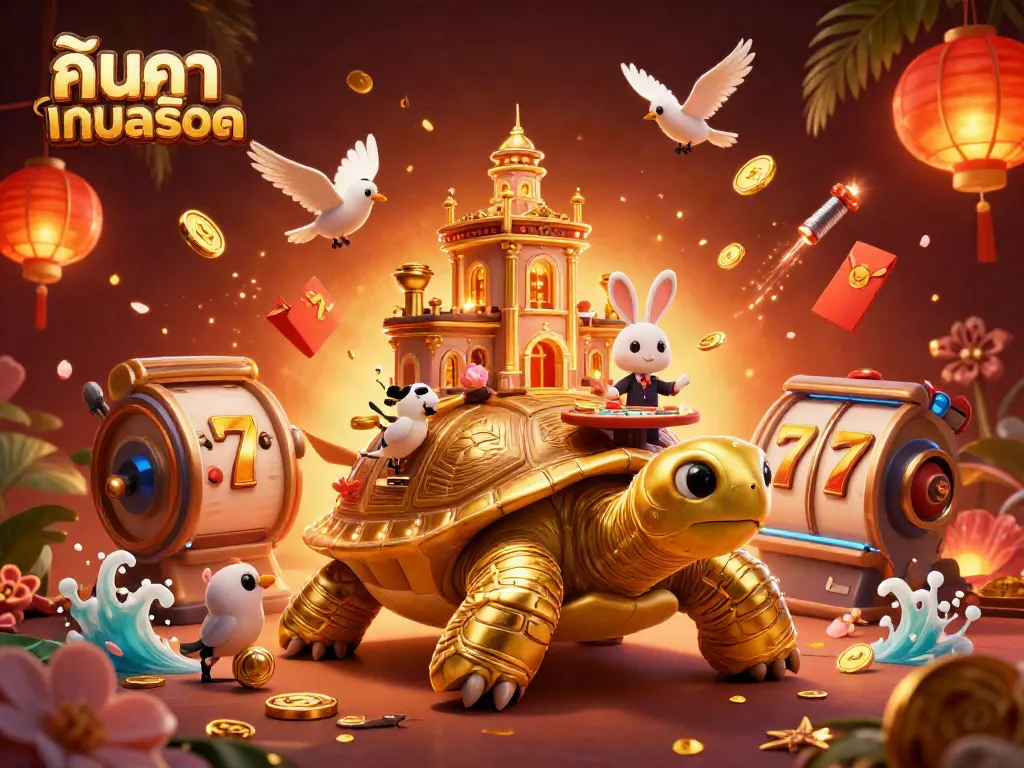 Engage with ค้นหาเกมสล็อต as characters play at a vibrant casino scene with animated elements.