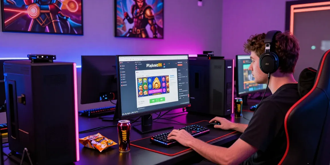 Engaged player using the playbook88 link at a colorful gaming setup.