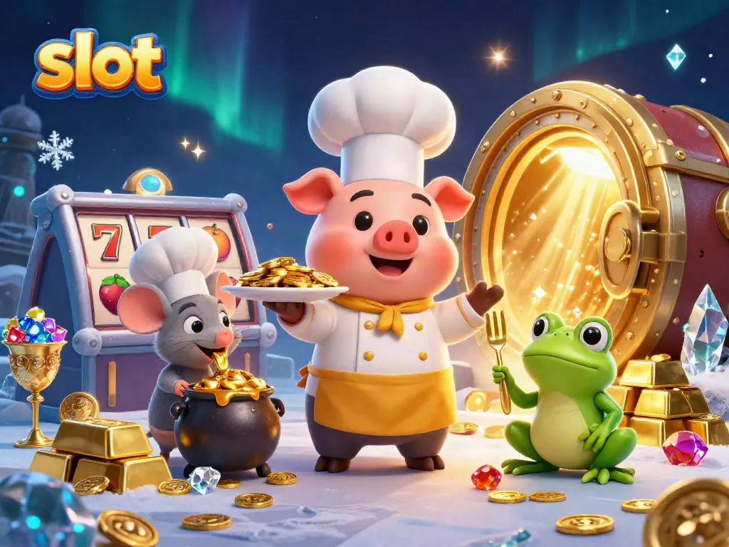 Play exciting slots with dynamic character moments featuring gold coins and lucky symbols in a casino illustration.