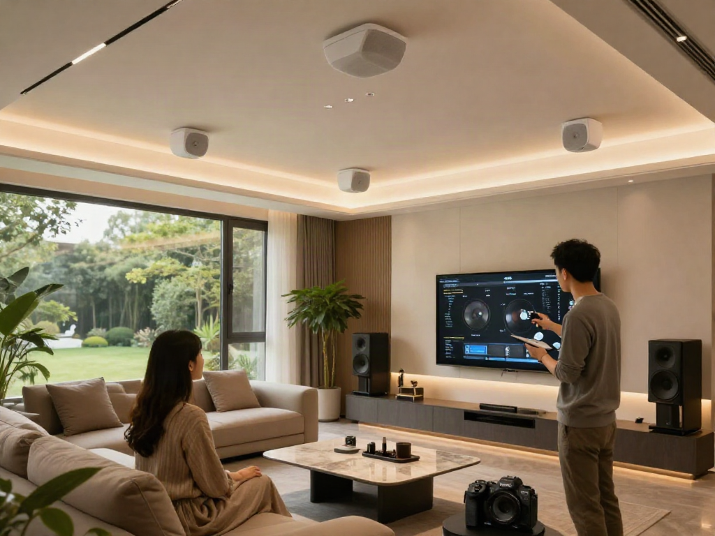 خرید اسپیکر سقفی - modern home audio design with sleek ceiling speakers and stylish living room setup.