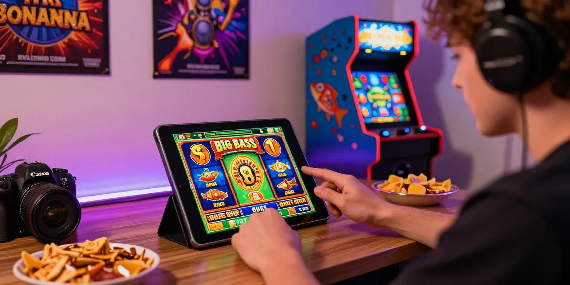 Engaging moment with Big Bass Bonanza slot game in a lively gaming setup filled with colorful decor.