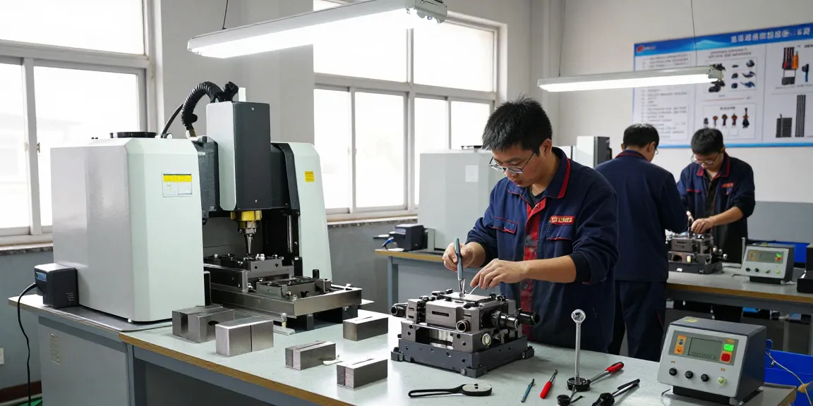 Technician inspecting injection mold in a bright manufacturing workshop for precision parts production.