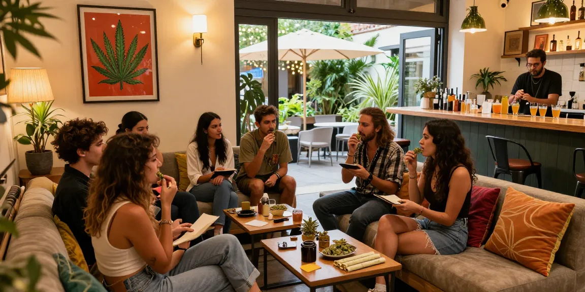 Community engagement at a Club Cannabis Madrid with friends sharing cannabis products in a cozy setting.