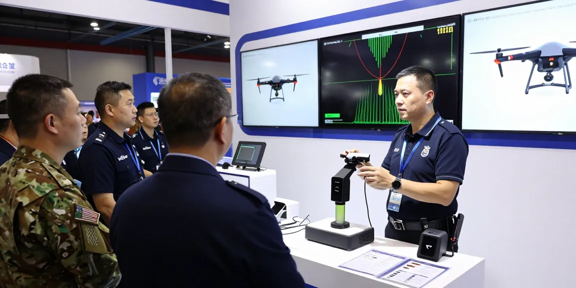 Technician demonstrating an Anti drone jammer technology at a security trade show.