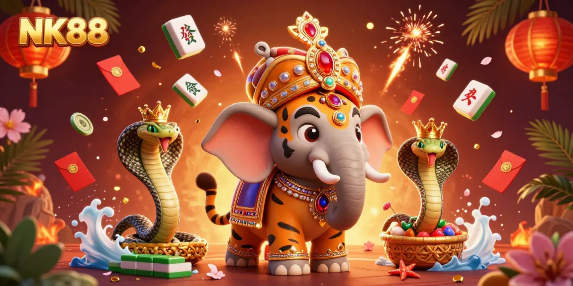 Engage with NK88 in a vibrant scene featuring an Indian maharaja tiger and elephant, surrounded by festive gambling elements.