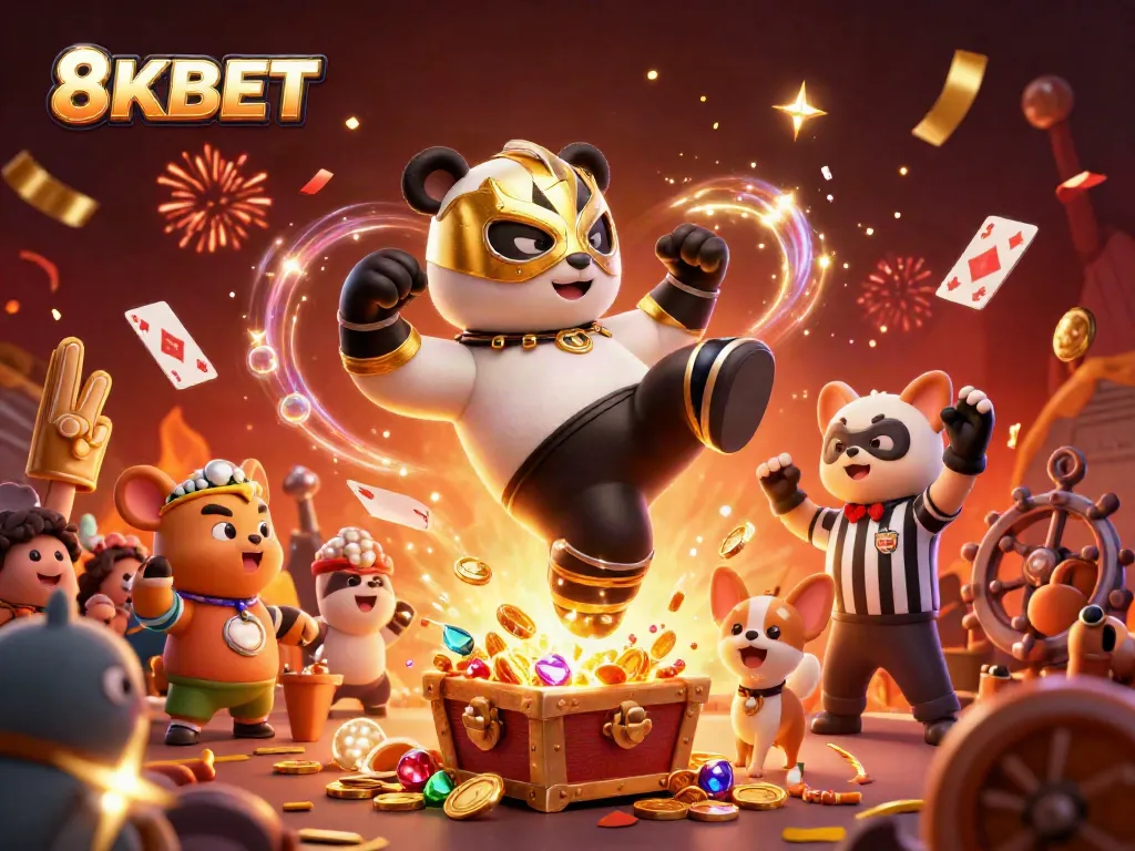 Experience high-energy casino action with 8KBET, featuring a wrestler panda and lively animal fans.