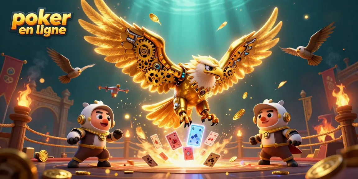 Gagnez au poker en ligne avec cette illustration captivante d'un aigle doré et des cartes volantes.