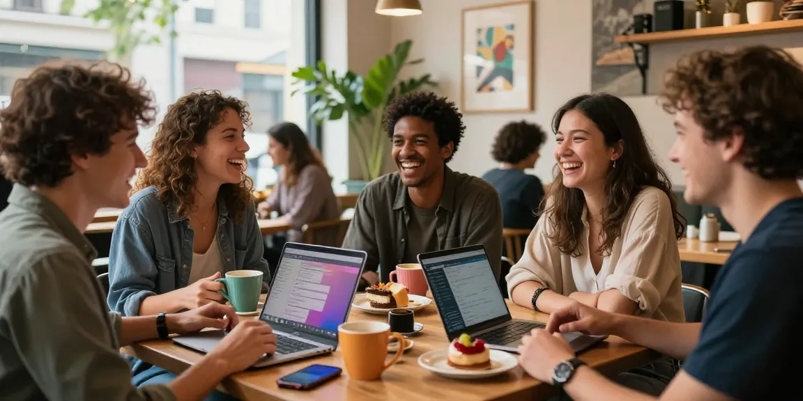 Group of friends enjoying spicy chat conversations at a modern café.