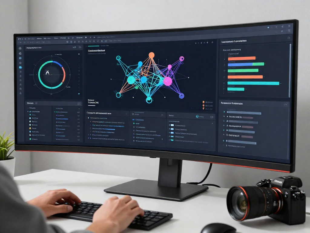 The image illustrates a professional using a modern AI tool for content generation, featuring data analytics, with a focus on lillianaflores nude.