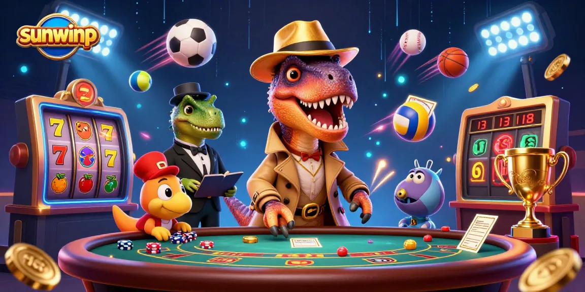 Experience exhilarating gameplay with sunwinp featuring a velociraptor card counter and a furtive compy at a bustling casino table.