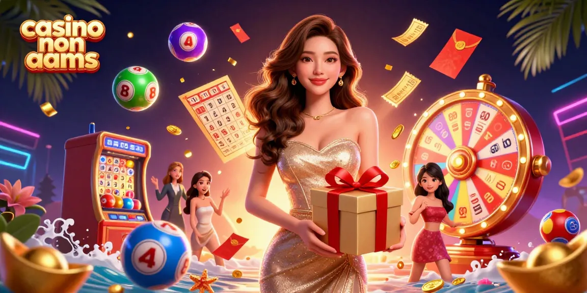 Unisciti all'emozione del casino non aams con una splendida donna asiatica che celebra in un vivace tema festivo.