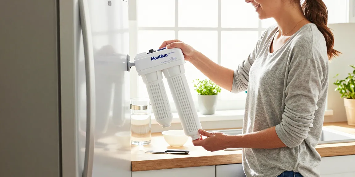 Homeowner replacing the Maxblue DA29-00020B Refrigerator Water Filter in a bright kitchen.