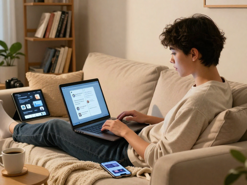 Engaging scene of a person using ai nsfw chat on a laptop at home, surrounded by tech devices, creating a cozy atmosphere.