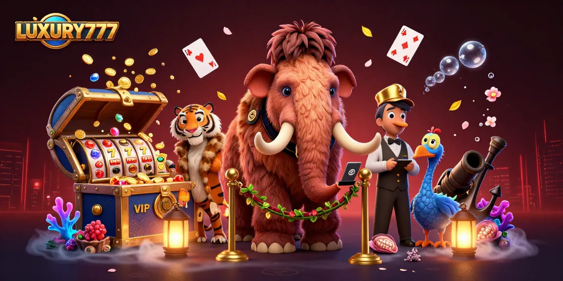 Gambarkan suasana kasino dengan LUXURY777, mamut, harimau, dan elemen permainan slot yang mengesankan.