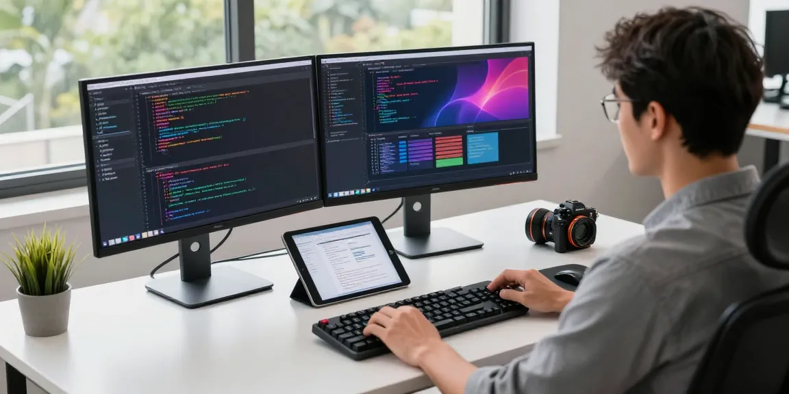 Engaged software engineer coding on dual monitors in a modern office, showcasing the efficiency of 纸飞机中文版.