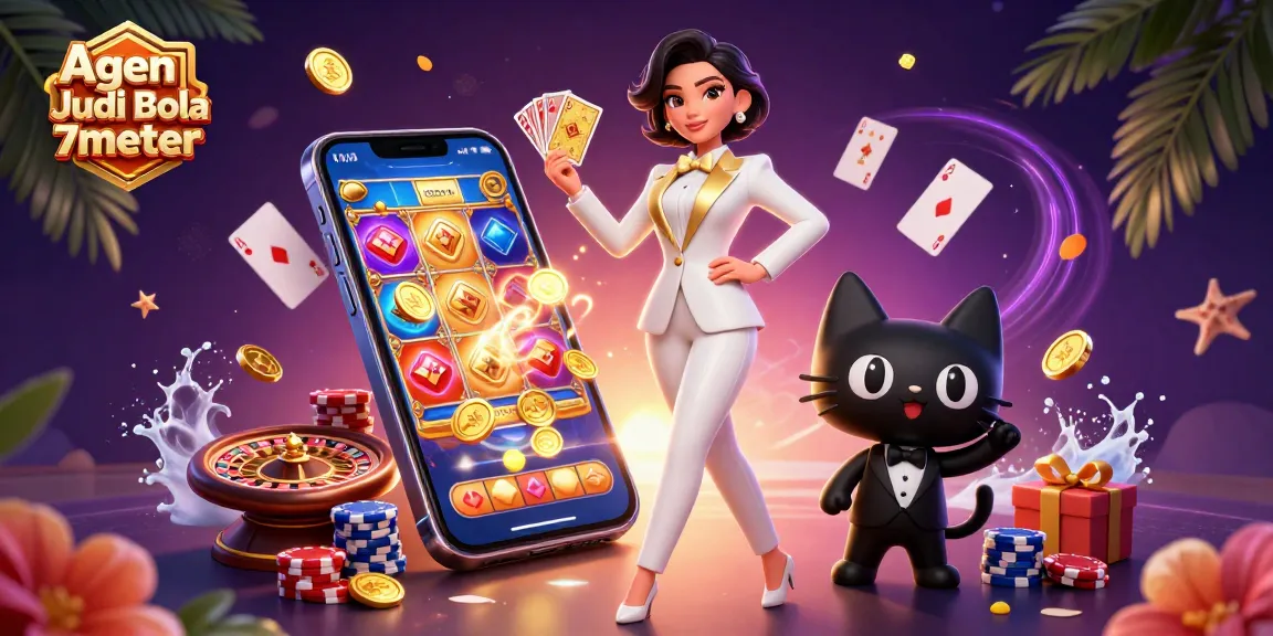 Agen Judi Bola 7meter showcases a glamorous woman dealing cards beside a charming cat, amidst vibrant casino elements