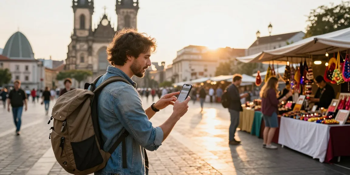 Engaged traveler using a local guide app while interacting with a local guide in a vibrant city.