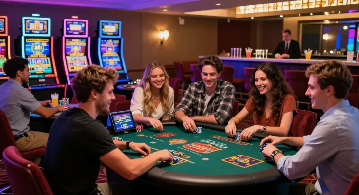 Scène de jeu animée de Casino en ligne avec des amis profitant des jeux de table et des machines à sous dans une ambiance vibrante.