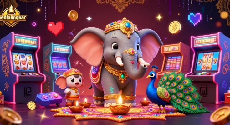 Experience premium gameplay at medialingkar with vibrant gambling elements including colorful 3D characters and gaming icons.