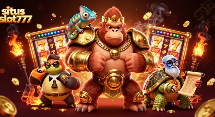 Situs slot777 thrilling slots with characters showcasing jackpot excitement in a vibrant casino scene.
