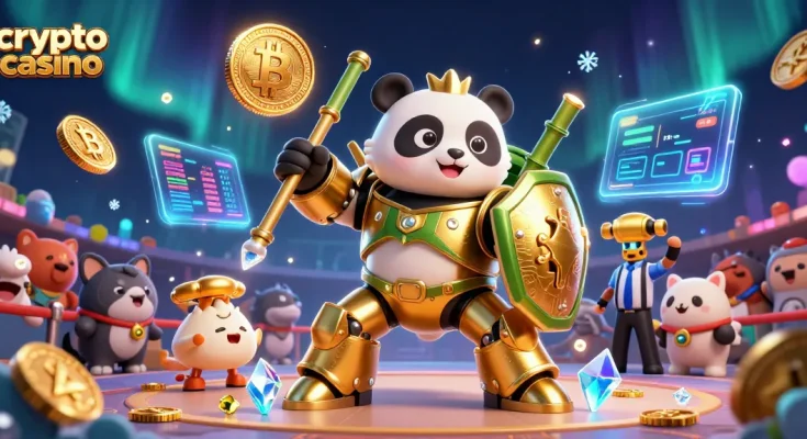 Jouez sur un crypto casino avec un panda doré et des symboles de Bitcoin et Ethereum illuminés.