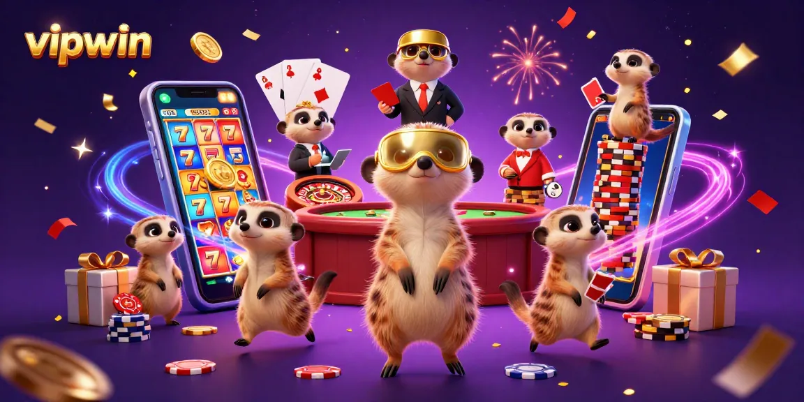 Experience thrilling gaming action at vipwin with playful meerkats in a vibrant casino scene.
