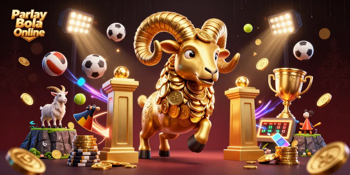 Experience thrilling Parlay Bola Online action with a golden ram charging at victory, surrounded by vibrant sports elements.