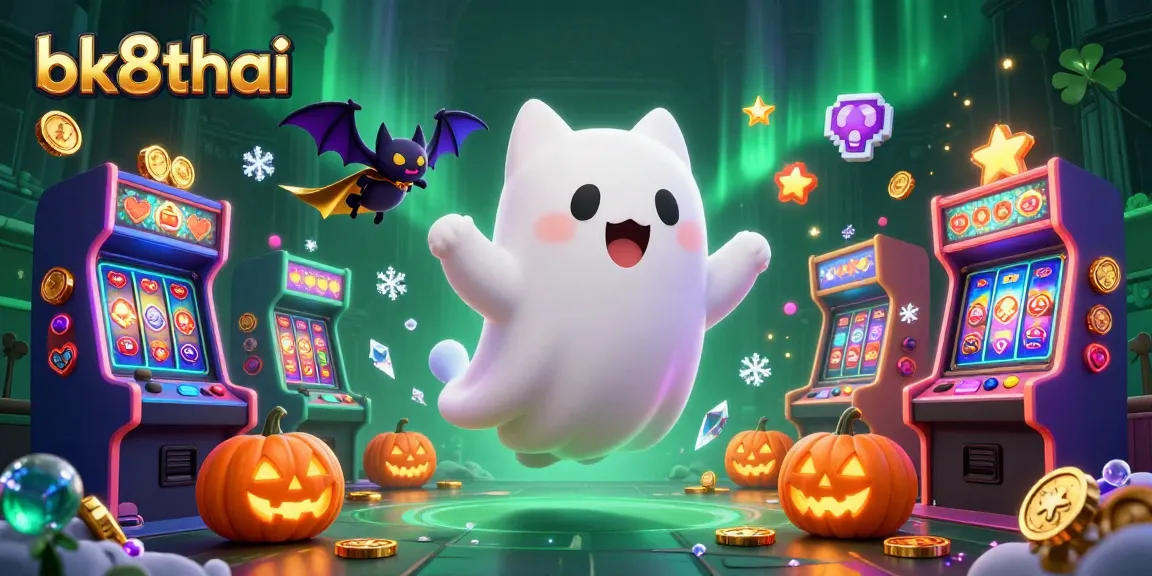 Experience the thrill of bk8thai as a ghost cat navigates a haunted casino filled with glowing jackpots and arcade fun.
