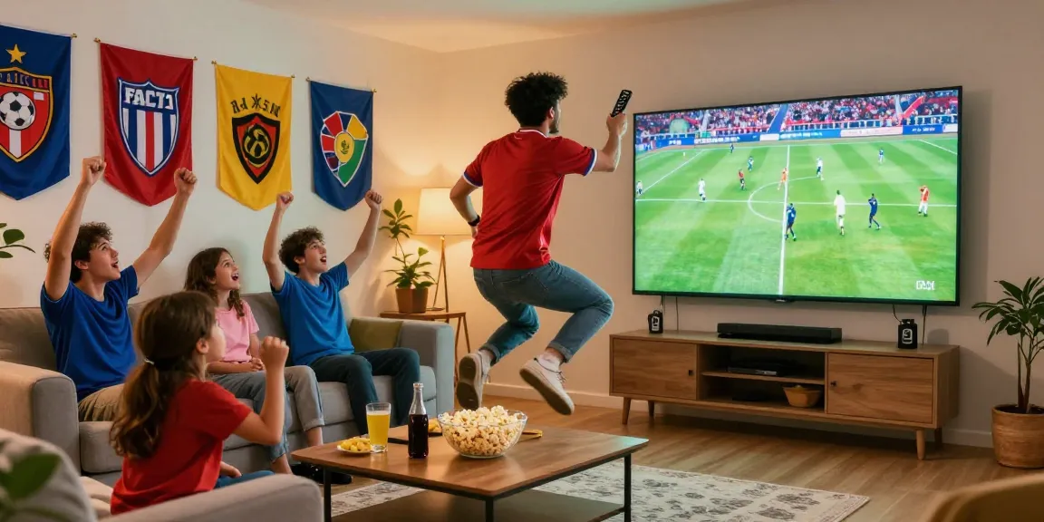 Excited soccer fan enjoys koora tv live match with friends in a vibrant living room.