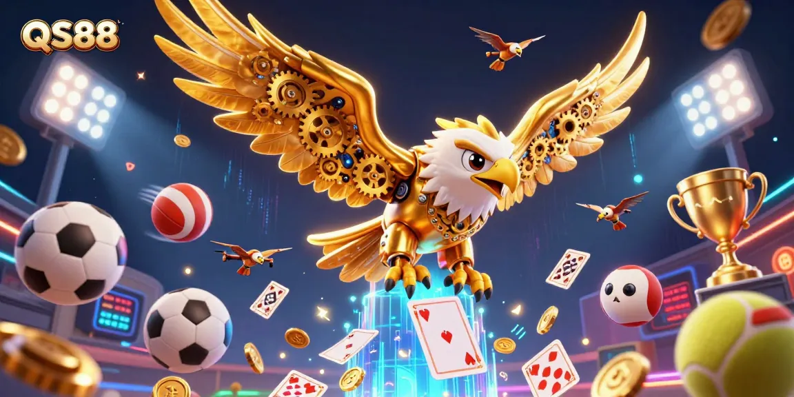 Experience the thrill of QS88 as the golden eagle showcases high-stakes betting amidst vibrant casino elements.