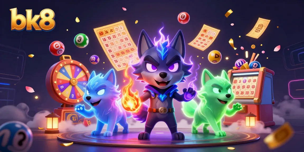 Engage with bk8's thrilling lottery experience featuring vibrant elements like spinning prize wheels and colorful lottery balls.