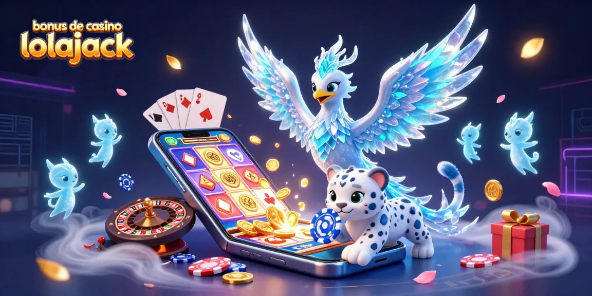 Engaging scene illustrating the bonus de casino lolajack with a phoenix, snow leopard cub, and gaming elements.