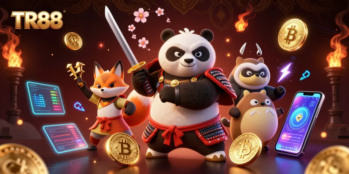 TR88 showcases thrilling gaming, featuring a samurai panda and ninja fox in an energetic 3D casino scene.
