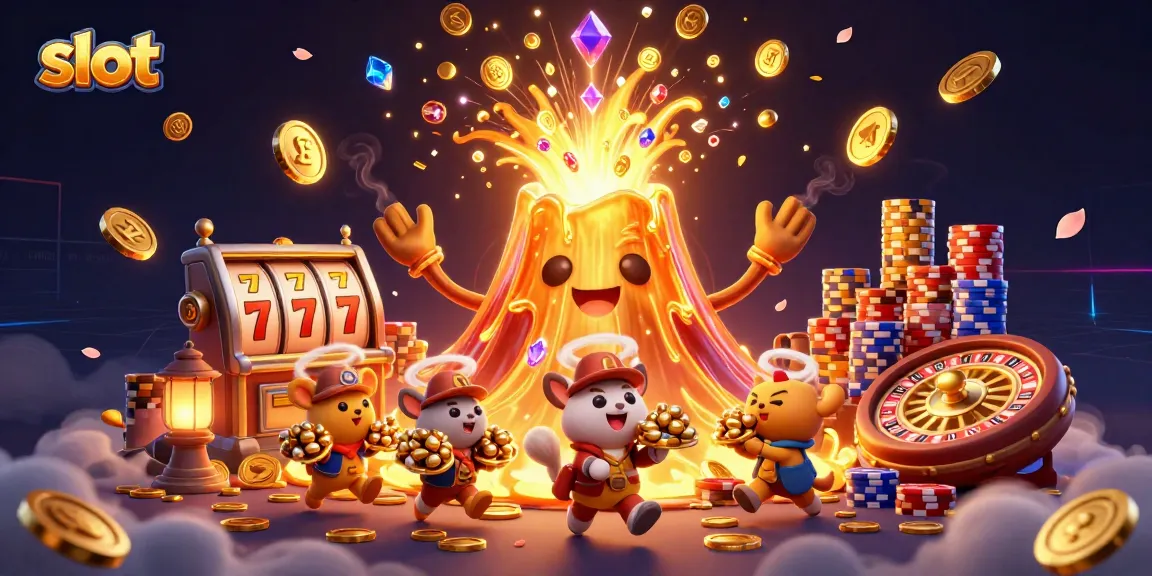 Spin the slot machine to win treasures from a triumphant volcano in this vibrant illustration.