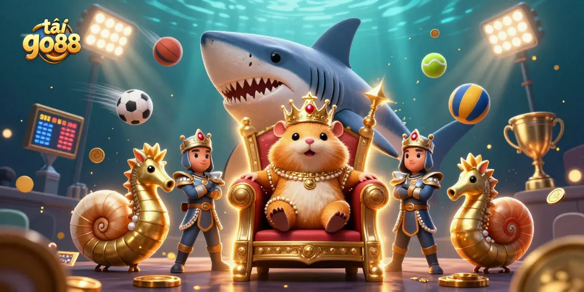 Engage with the essence of tải go88, featuring a golden hamster king in a vibrant underwater casino scene.