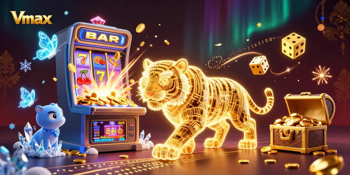Engage with Vmax's thrilling jackpot experience featuring a golden tiger in a vivid casino landscape.