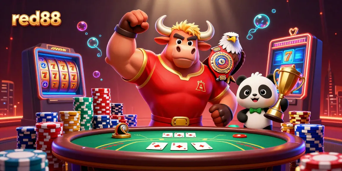 Celebrate wins at red88 with a vibrant 3D casino scene featuring dynamic characters and rich poker elements.