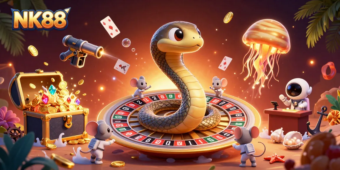 Engage with NK88's lively casino scene featuring a Saturn ring snake and playful astronaut mice betting.