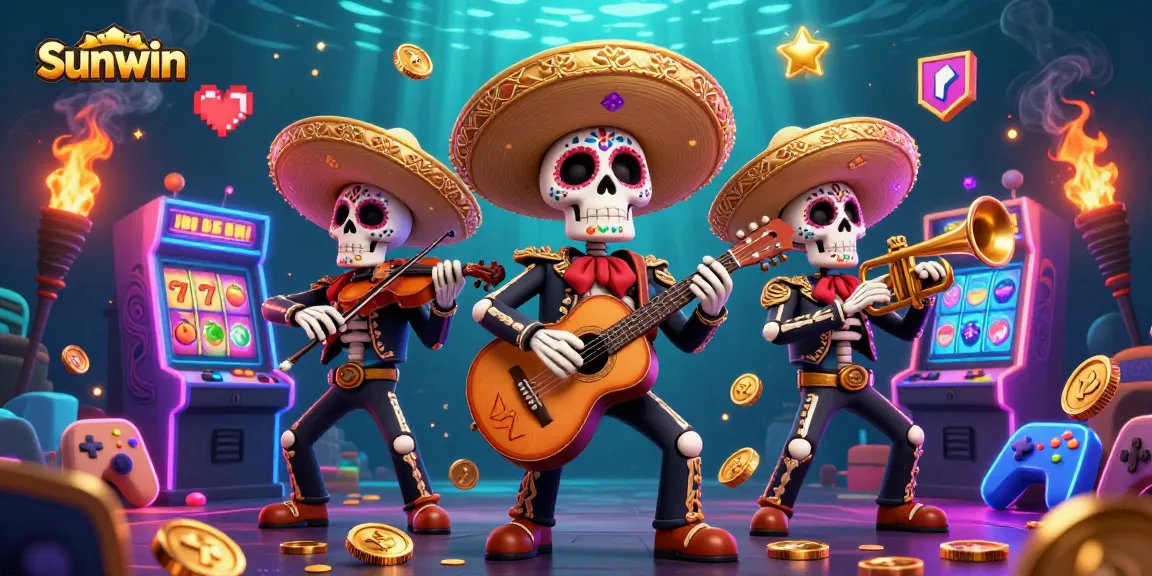 Win big with Sunwin: 3D mariachi band surrounded by vibrant slot machines.