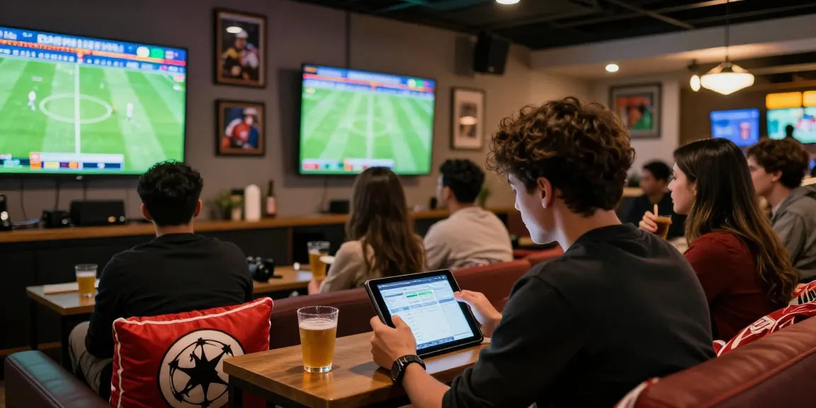 Exciting scene of friends watching football matches and making Prediksi Bola Malam Ini in a lively sports lounge.
