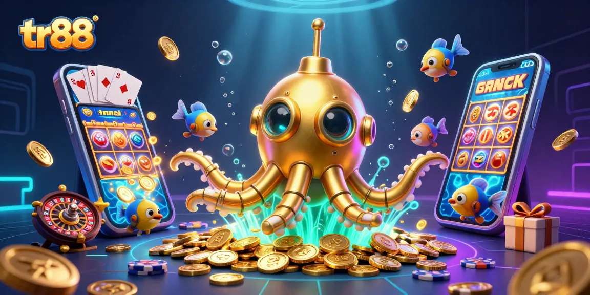 Play thrilling games at tr88, featuring a golden kraken submarine amidst vibrant slot and casino elements.