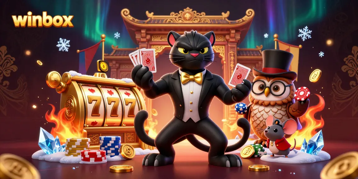 Engage with the winbox experience featuring a stylish panther dealer, owl with poker chips, and lucky mouse in a vibrant casino setting.