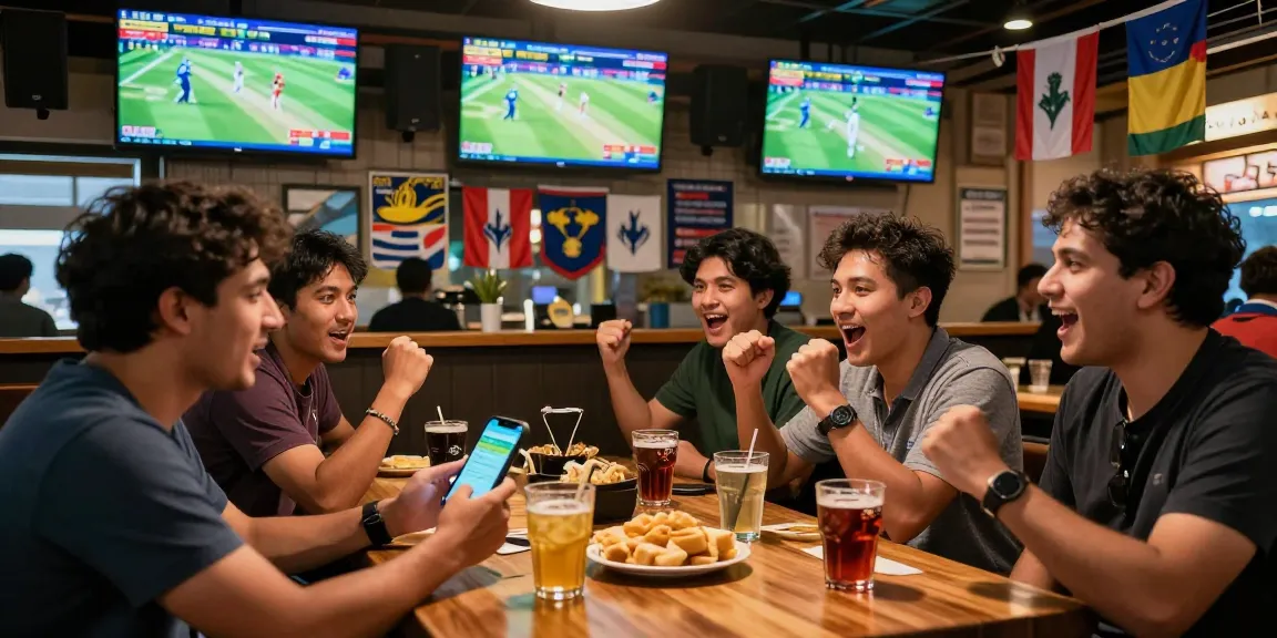 Exciting Fairplay24 cricket betting atmosphere with friends cheering and placing bets at a sports bar during a live match.