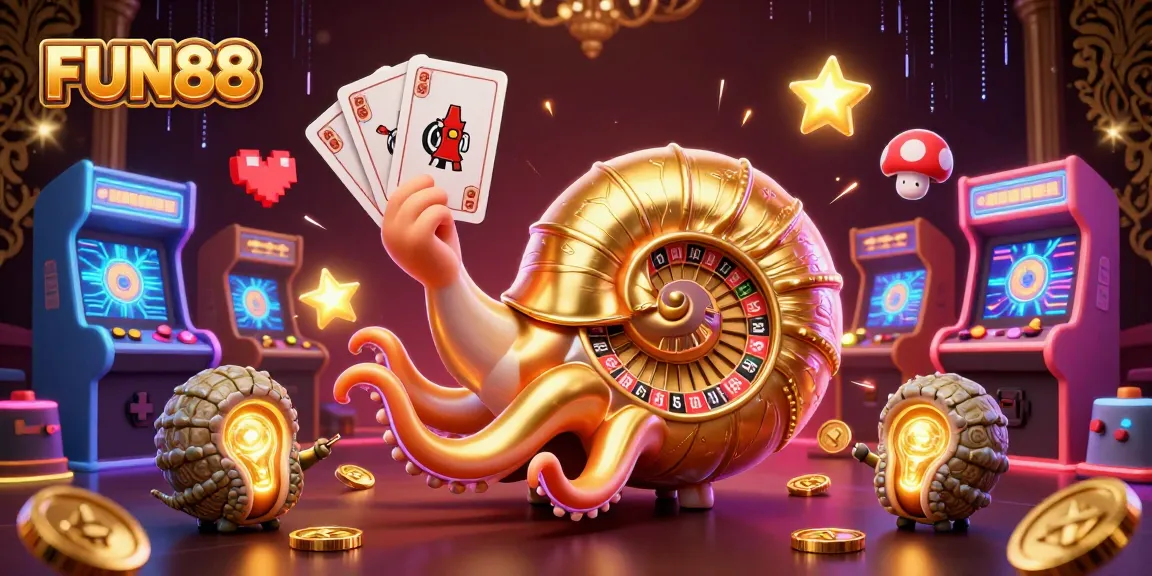 Engage with FUN88's dynamic gaming experience, featuring a 3D nautilus roulette wheel amidst glowing arcade elements.