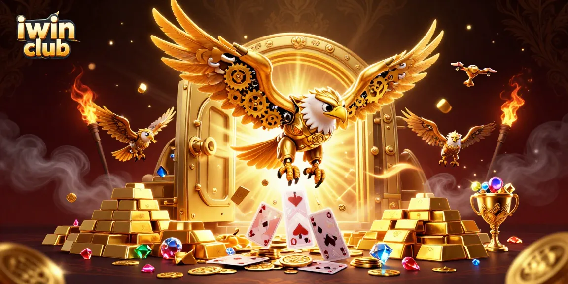 Experience triumph at iwin club with a majestic golden eagle amidst riches and gaming glory.