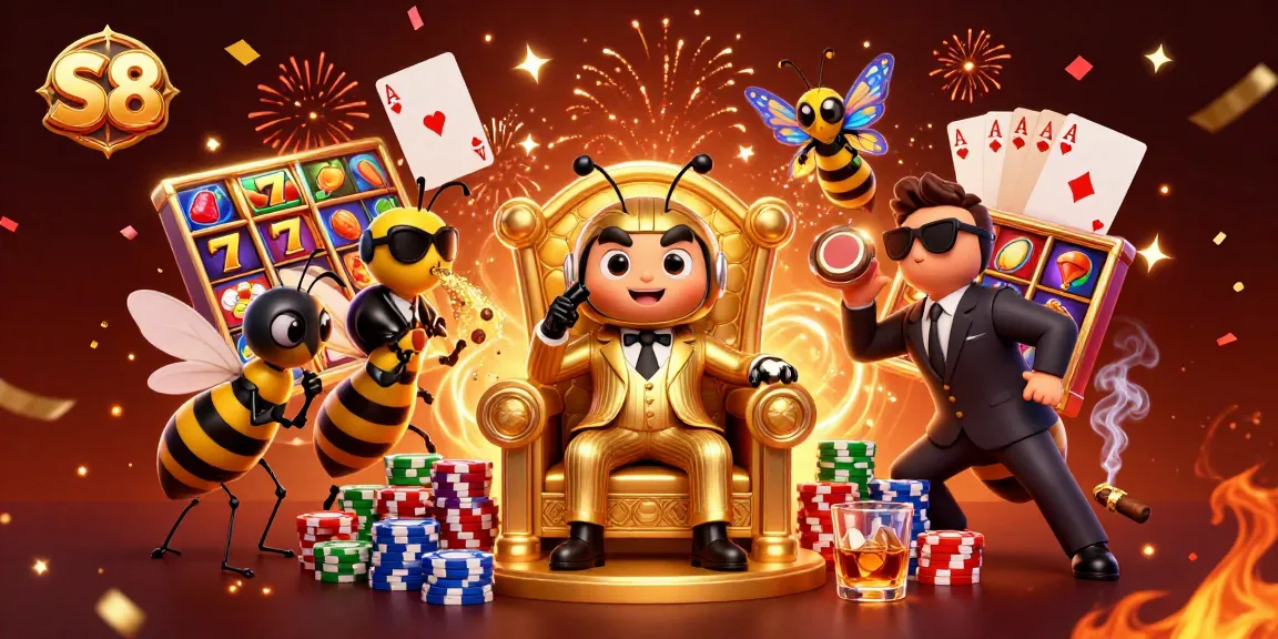 Experience thrilling gameplay at S8 with vibrant slot machines and a bumblebee mob boss in action.