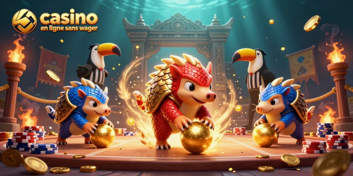Casino en ligne sans wager : deux pangolins en compétition avec des jetons de poker et des confettis dorés.